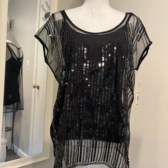 NWT INC Black Jubilant 2 piece Sheer Sequin Top with Built in Camisole, Size M - Picture 3 of 16